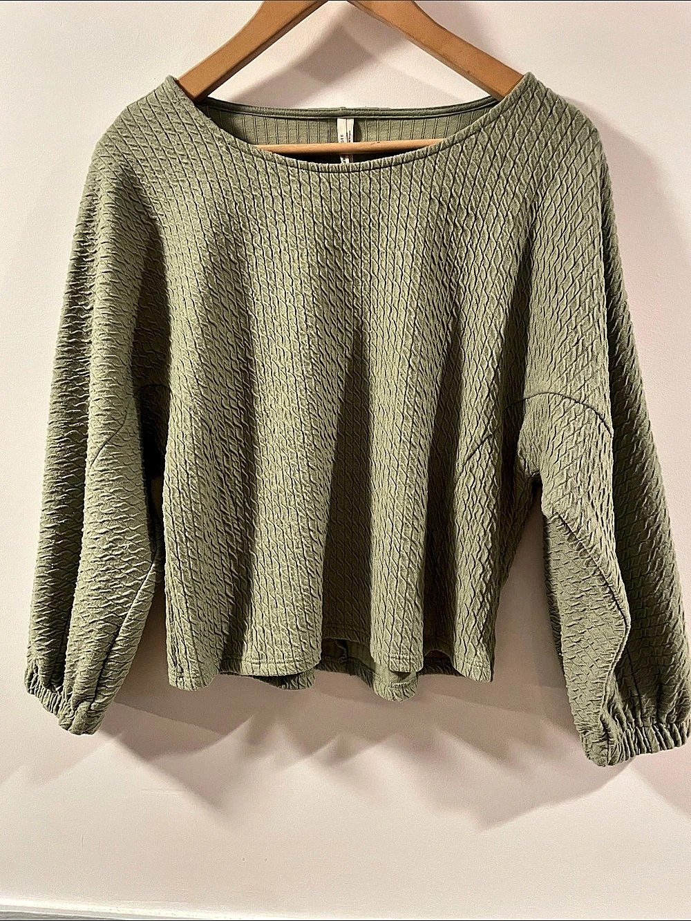 By Anthropologie Textured Bubble Sleeve oversized Top in sage Green Like New